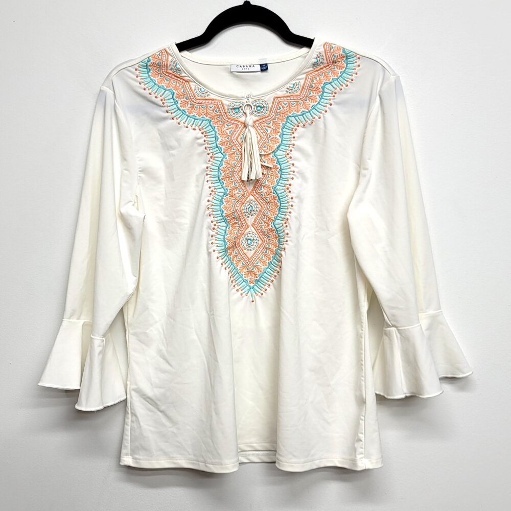 Cabana Life Blouse Embroidered 1/2 Zip Bell Sleeve Top XL